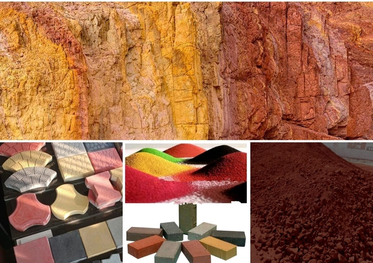 Premium crushed iron oxide powder showing vibrant red, yellow, and brown color variations from ALFAMINES Morocco mining operations